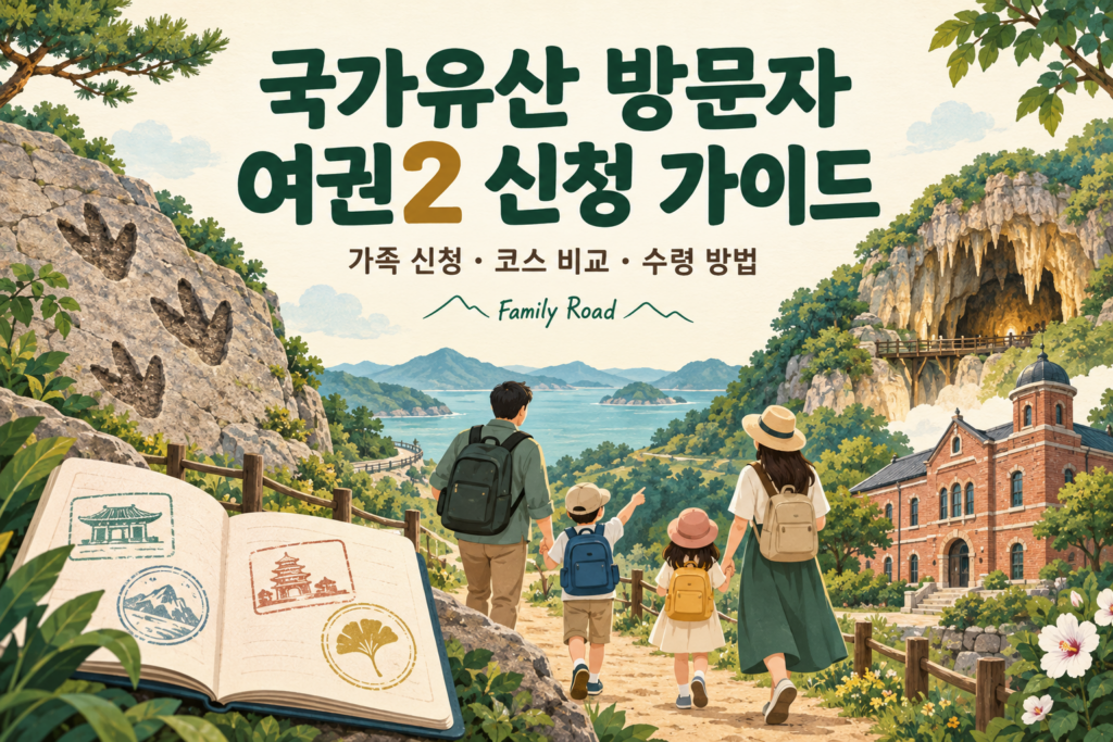 공룡 발자국·천연동굴·근대유산을 배경으로 네 가족이 여행하는 일러스트
